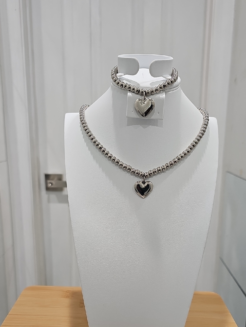 Solid Silver Heart Bead Necklace and Bracelet Set -